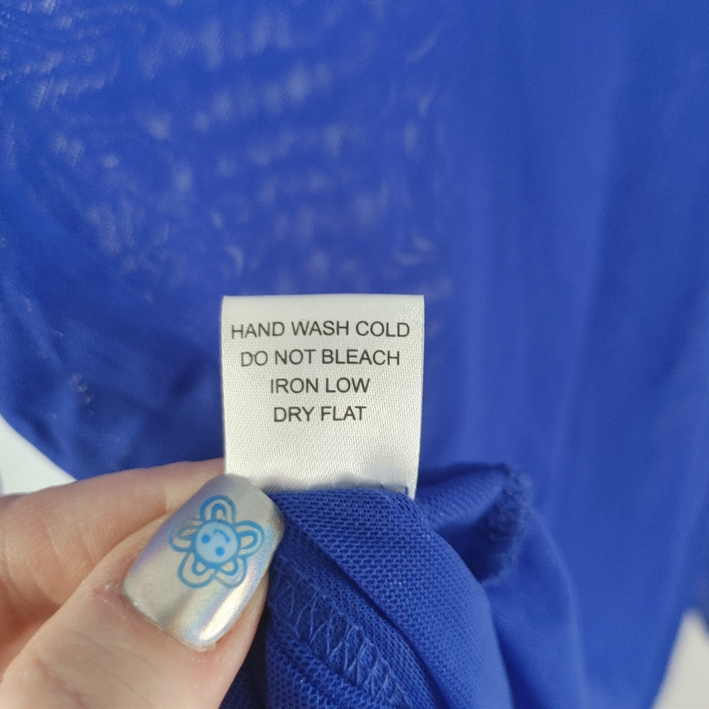 Iris Blue Sheer Mesh Bodysuit 1X Long Sleeve V Neck Stretch Y2K Clubwear Top - Picture 10 of 12